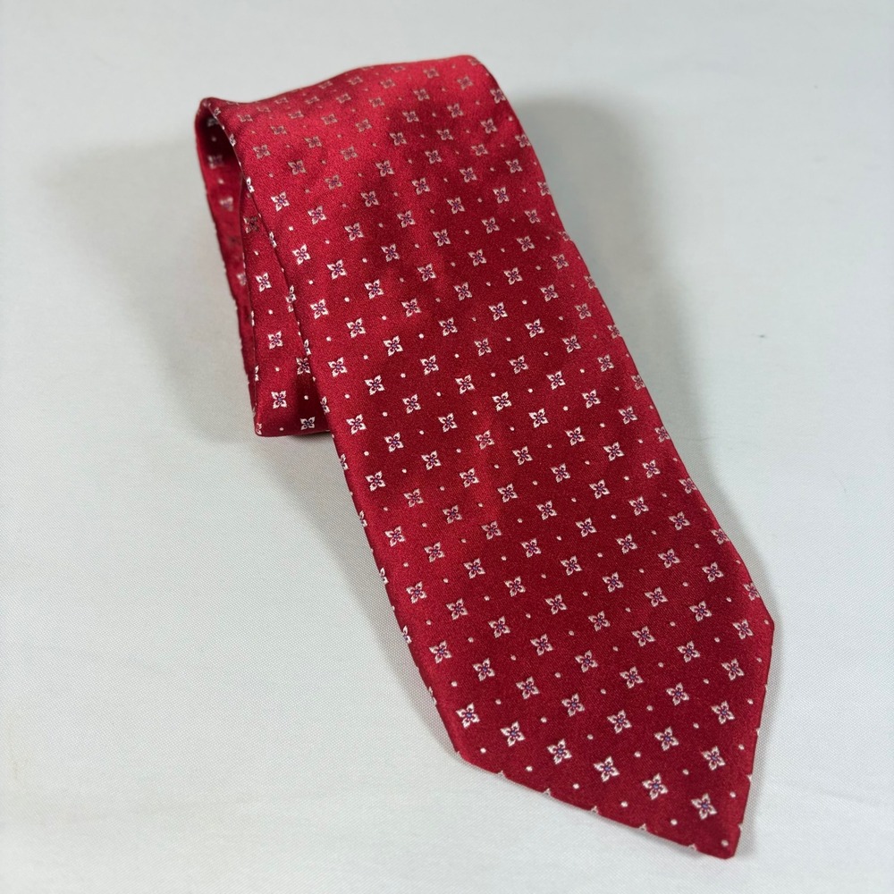 Thomas Pink Mens Red Geometric Floral Silk Necktie Jermyn Street London UK Woven